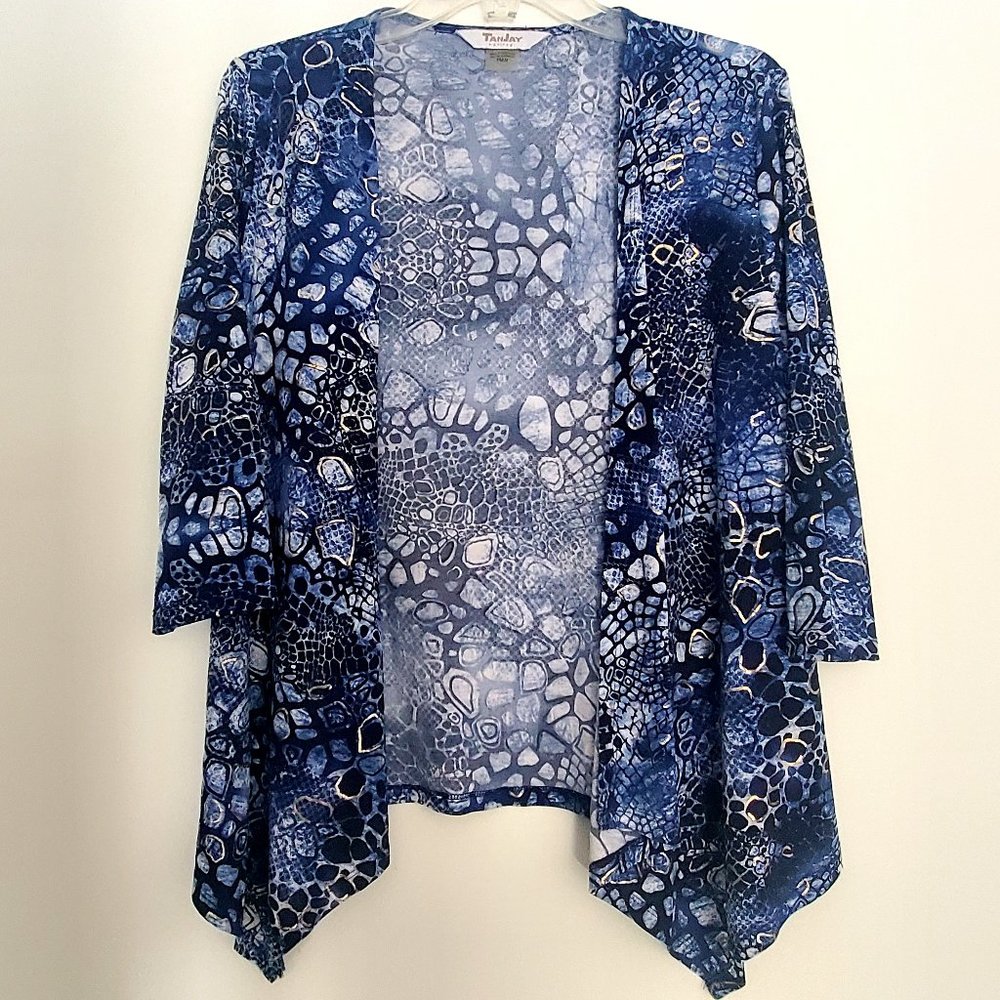 TANJAY Blue Animal Print Open Lightweight Cardigan Liquid Knit Dressy Casual PM